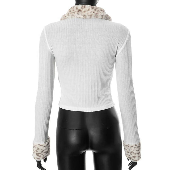 Zip-up long sleeve turnover collar leopard fluffy top  | Festival Outfits Women  | Cheetah Print Top