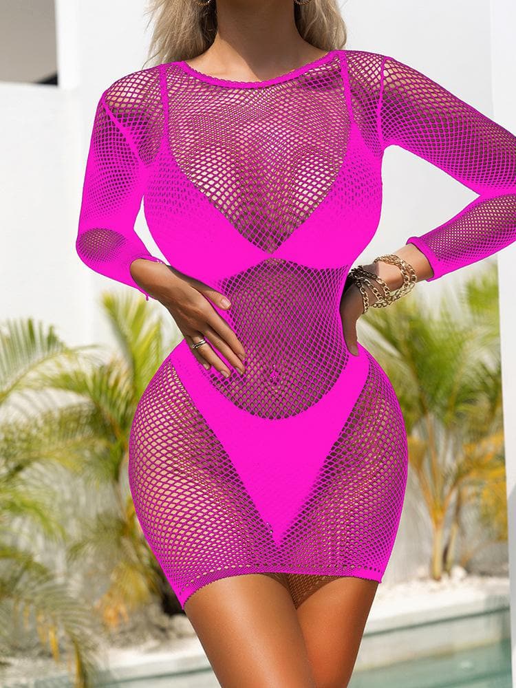Long sleeve fishnet stitch crewneck mini dress  | Festival Outfits Women
