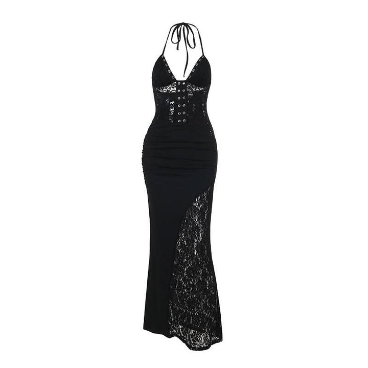 Lace v neck halter self tie ruched maxi dress  | Festival Outfits Women