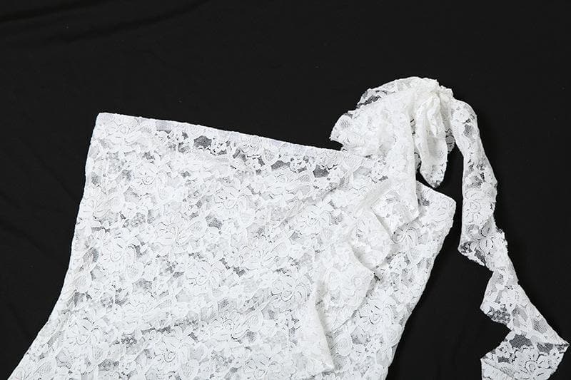 Lace see through one shoulder ruffle knotted ruched mini dress  | Festival Outfits Women-final-sale