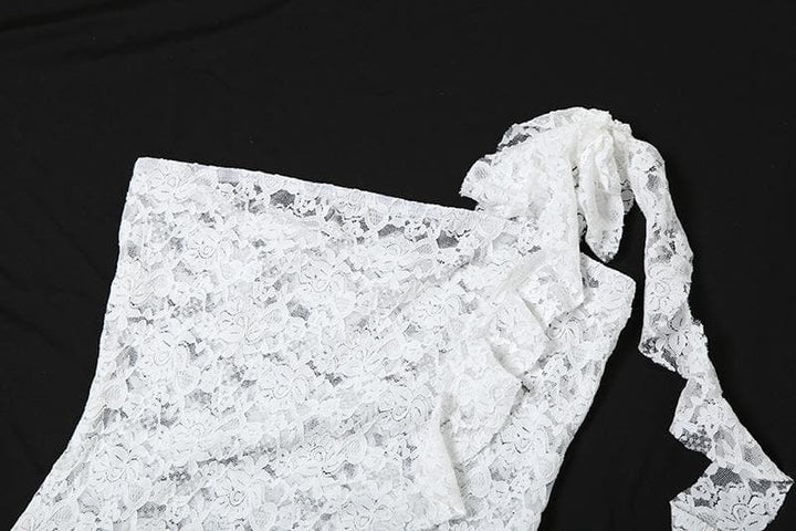 Lace see through one shoulder ruffle knotted ruched mini dress  | Festival Outfits Women-final-sale