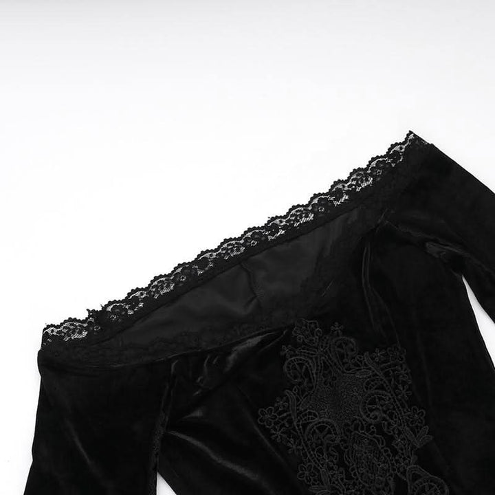 Off shoulder long flared sleeve velvet embroidery maxi dress-final-sale