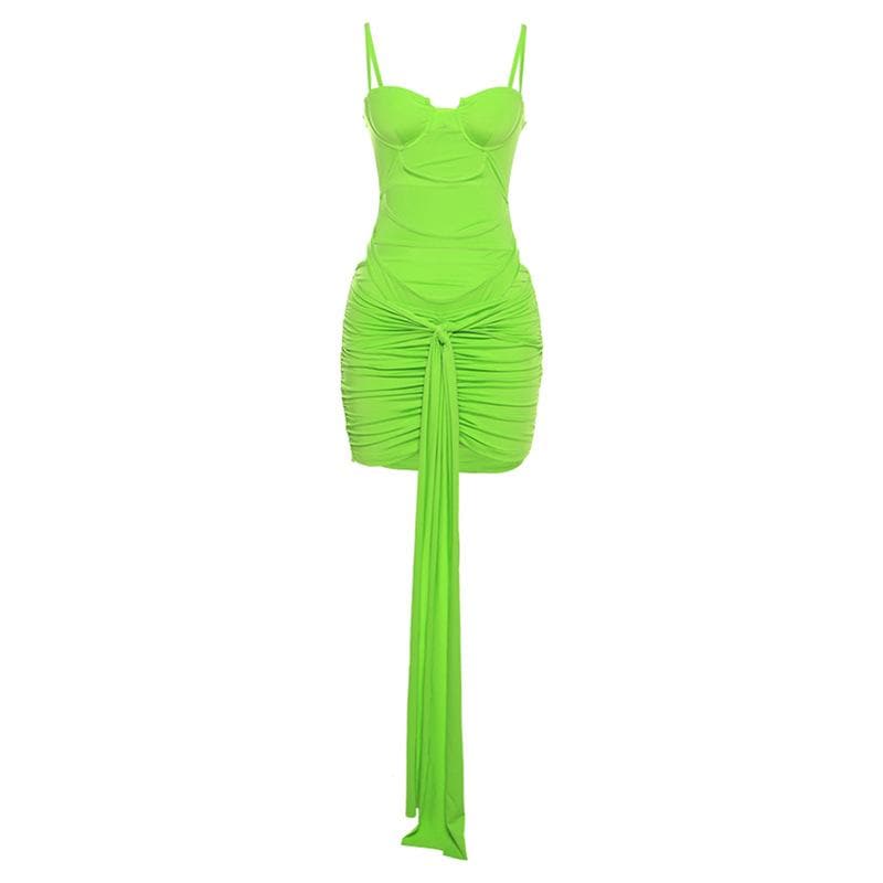Hollow out solid ruched low cut self tie cami bodysuit mini skirt set-final-sale  | Festival Outfits Women