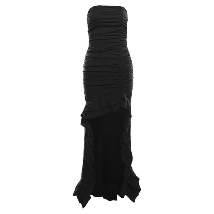 Ruched ruffle solid backless tube maxi dress-final-sale  | Festival Outfits Women