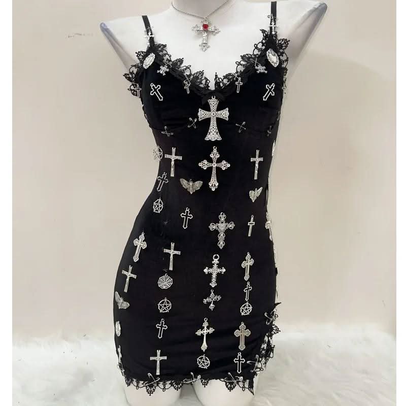 V neck cross applique bowknot cami mini dress  | Festival Outfits Women
