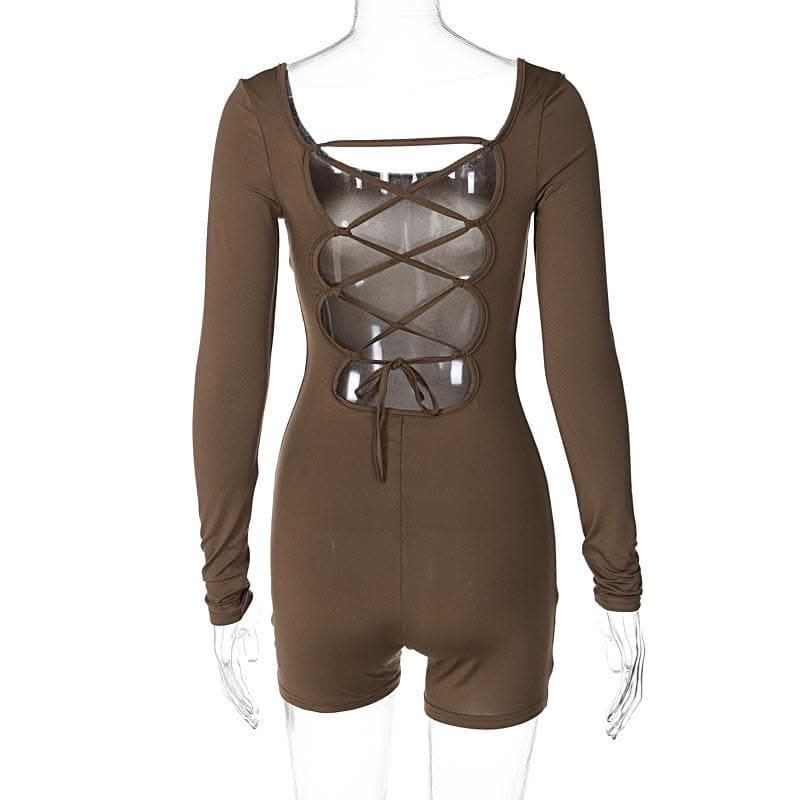 Long sleeve u neck lace up backless solid romper-final-sale  | Festival Outfits Women