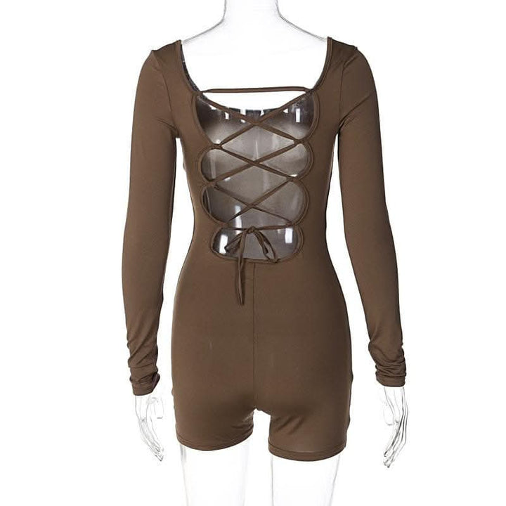 Long sleeve u neck lace up backless solid romper-final-sale  | Festival Outfits Women