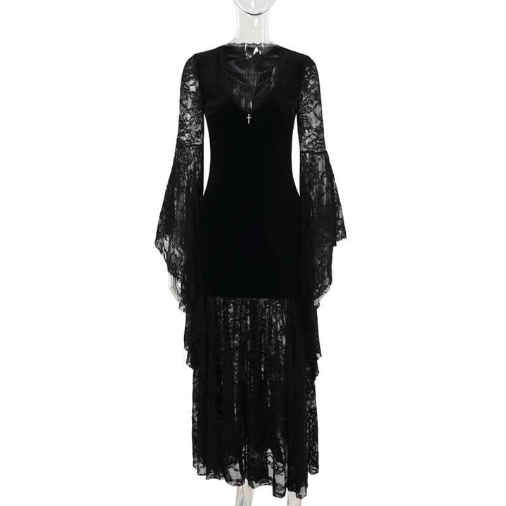 Long flared sleeve lace velvet beaded maxi dress  | Festival Outfits Women