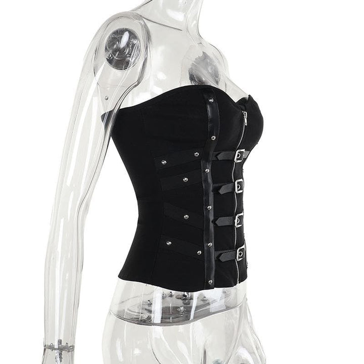 PU leather patchwork buckle zip-up tube top  | Festival Outfits Women
