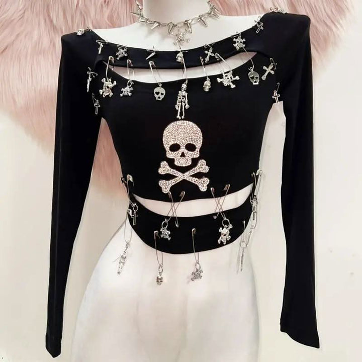 Long sleeve hollow out skull beaded cut out top  | Festival Outfits Women