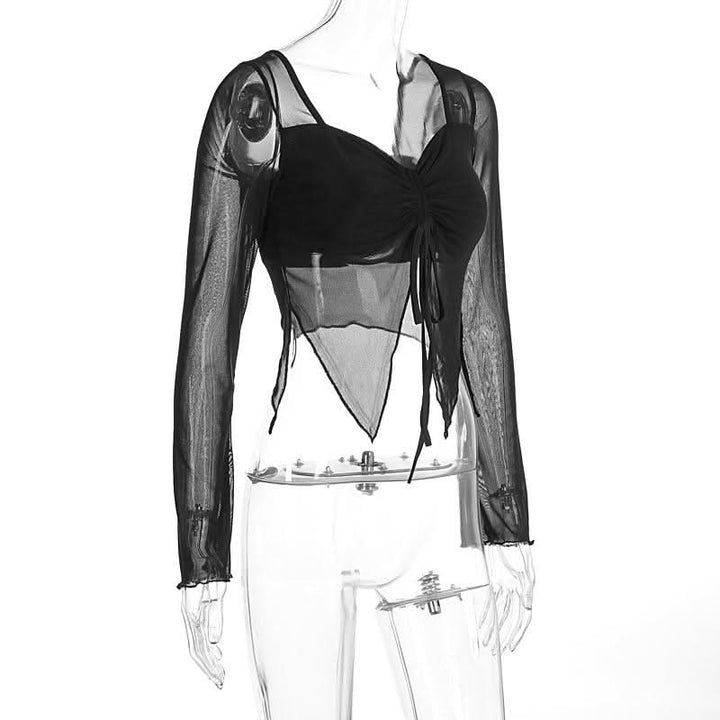 Mesh long sleeve v neck leopard print ruched top  | Festival Outfits Women  | Cheetah Print Top