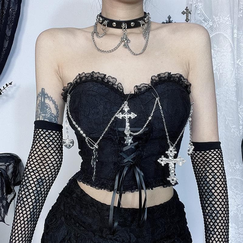 Metal chain lace up sweetheart neck tube top  | Festival Outfits Women