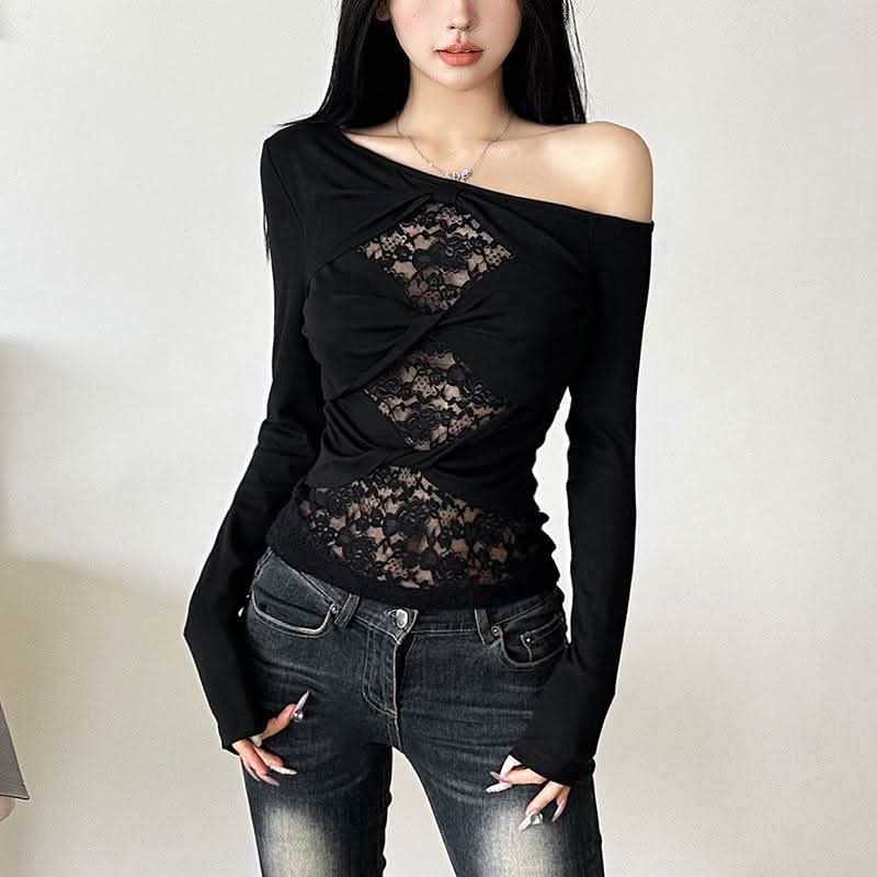 Off shoulder long sleeve lace patchwork top  | Festival Outfits Women