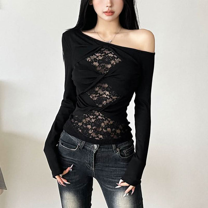 Off shoulder long sleeve lace patchwork top  | Festival Outfits Women