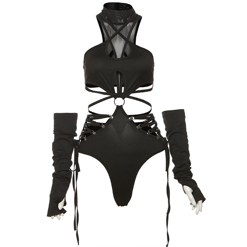 High neck o ring hollow out lace up gloves bodysuit  | Festival Outfits Women