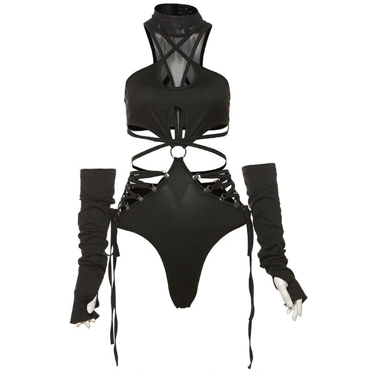 High neck o ring hollow out lace up gloves bodysuit  | Festival Outfits Women