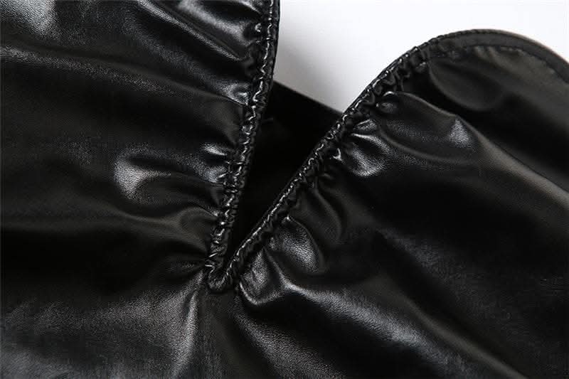 Ruffle solid notch neck ruched PU backless tube mini dress-final-sale  | Festival Outfits Women