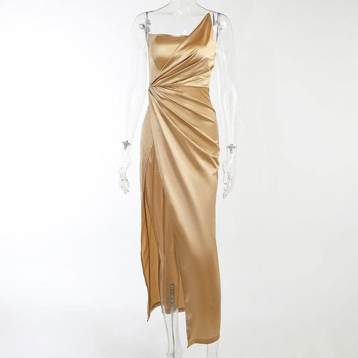 Sleeveless solid satin slit one shoulder ruched backless midi dress-final-sale  | Festival Outfits Women