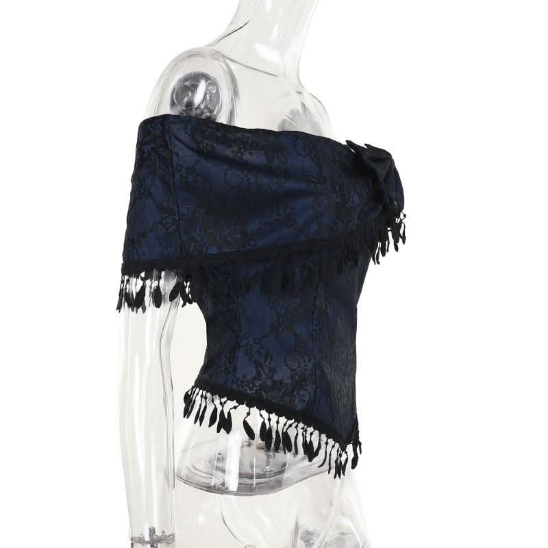 Off shoulder bowknot tassels lace top  | Festival Outfits Women