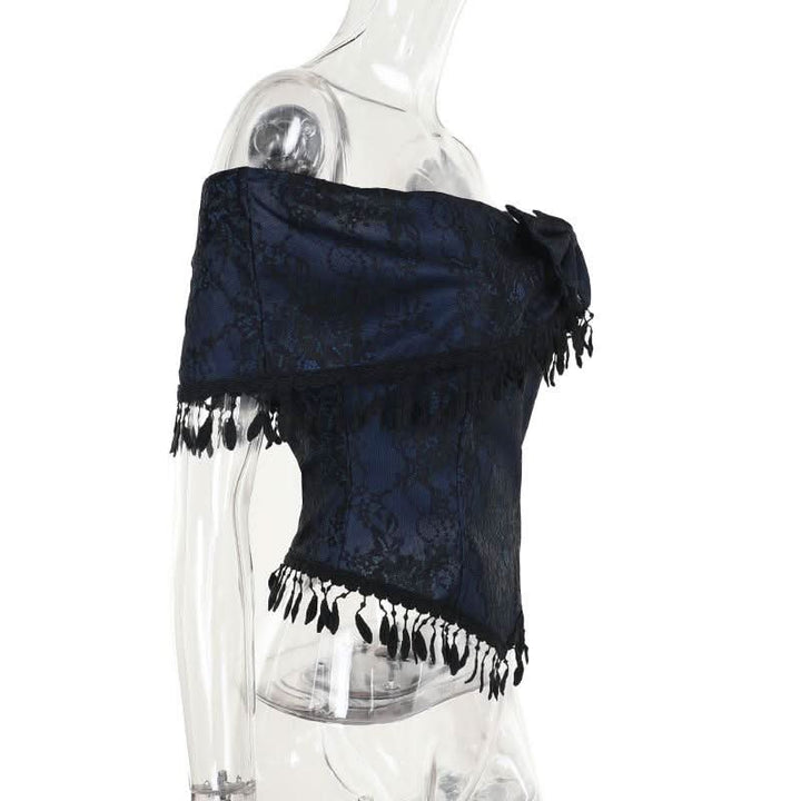 Off shoulder bowknot tassels lace top  | Festival Outfits Women