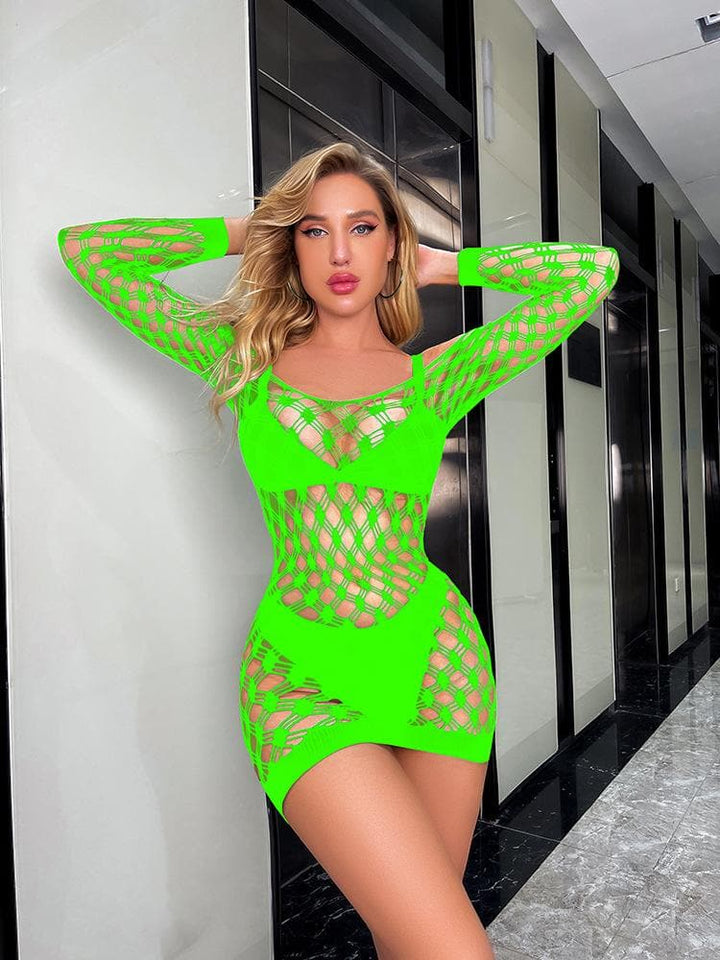 Long sleeve off shoulder hollow out fishnet cut out mini dress  | Festival Outfits Women