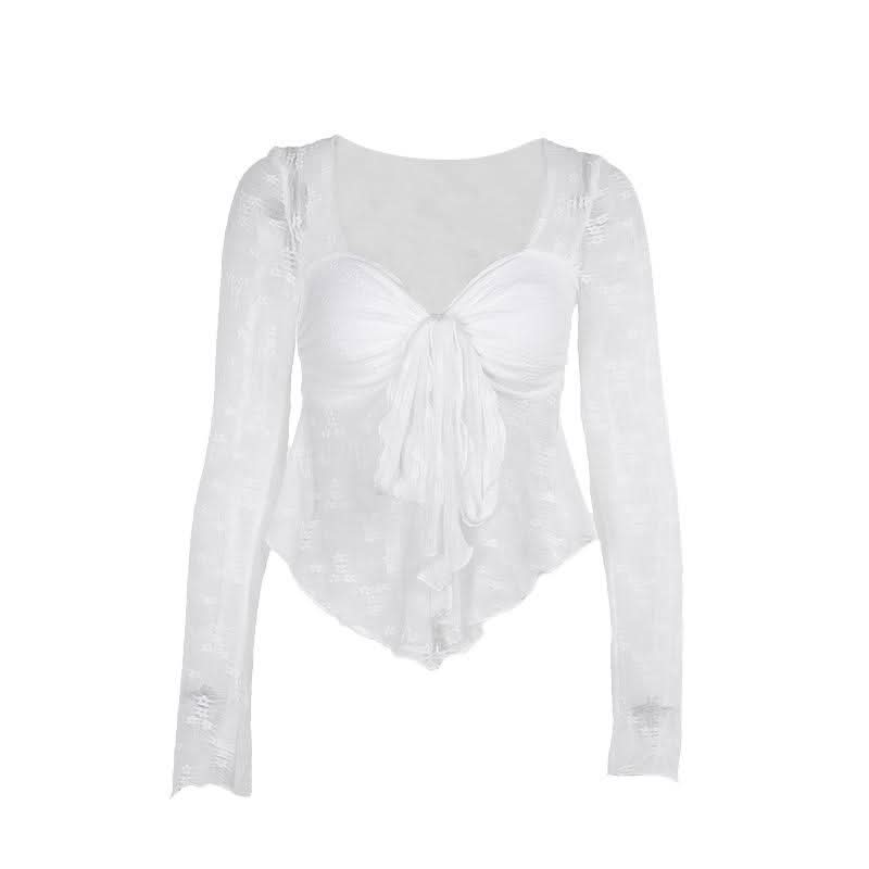 Long sleeve knotted flower pattern top  | Festival Outfits Women-final-sale