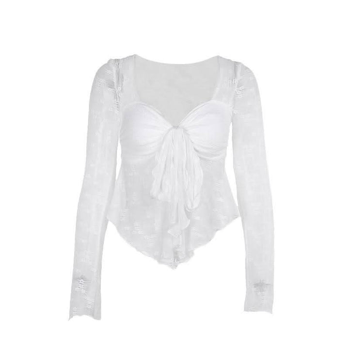 Long sleeve knotted flower pattern top  | Festival Outfits Women-final-sale