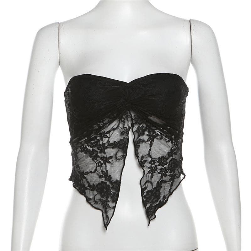 Lace ruched slit ruffle solid tube top  | Festival Outfits Women