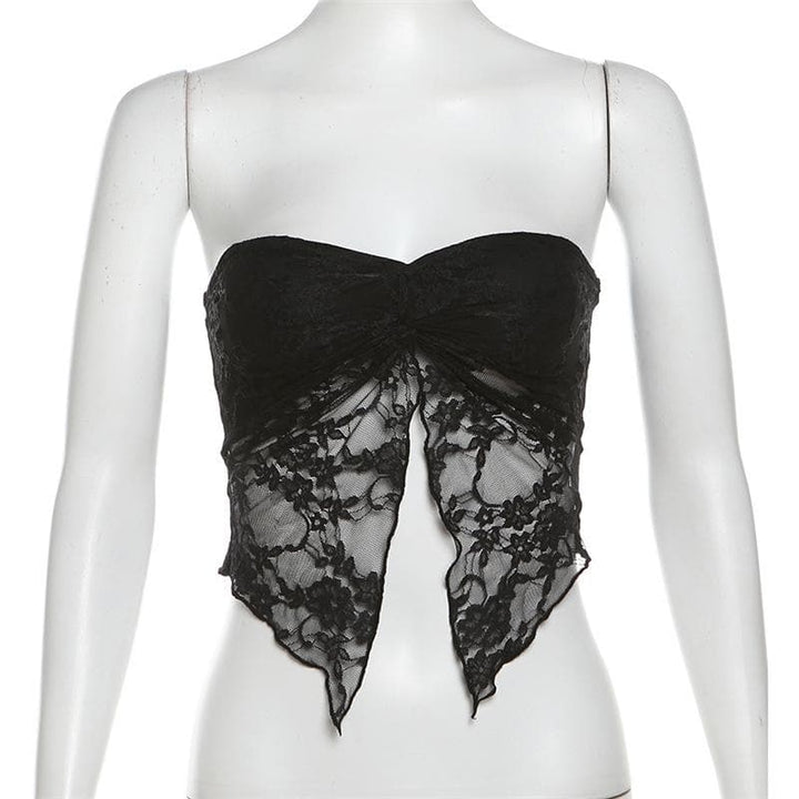 Lace ruched slit ruffle solid tube top  | Festival Outfits Women