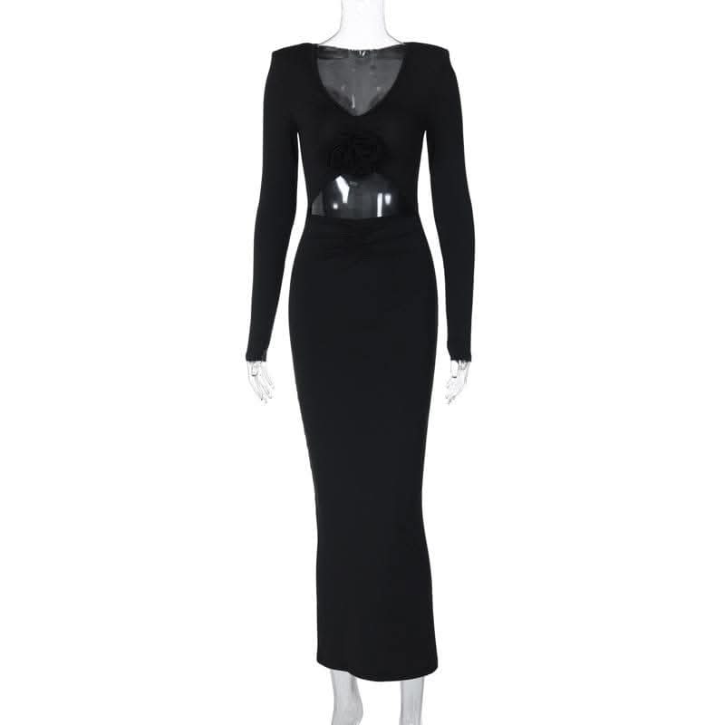 Long sleeve padded ruched flower applique hollow out cut out midi dress-final-sale  | Festival Outfits Women