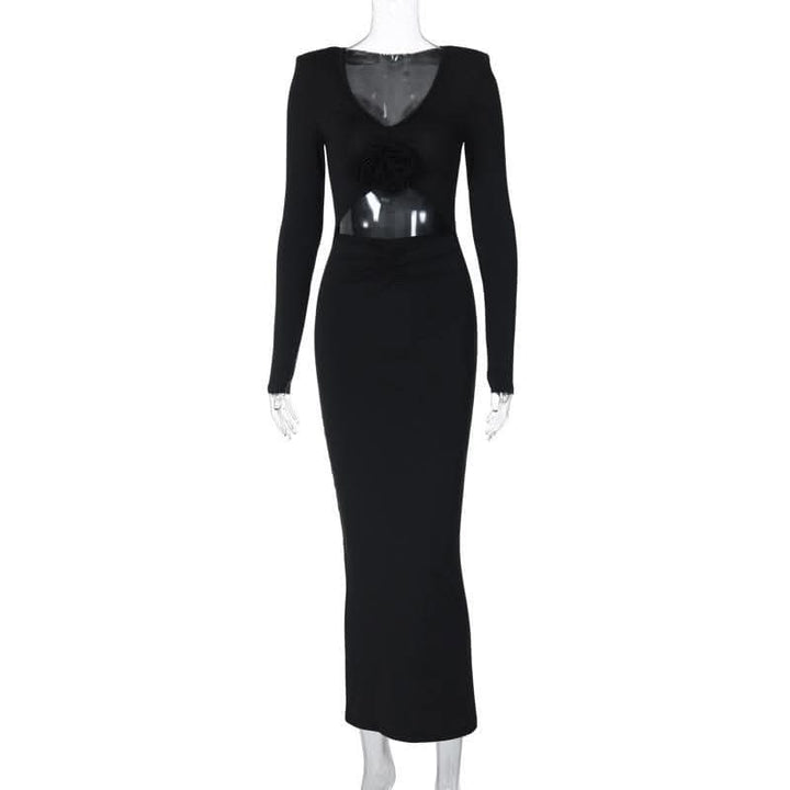 Long sleeve padded ruched flower applique hollow out cut out midi dress-final-sale  | Festival Outfits Women