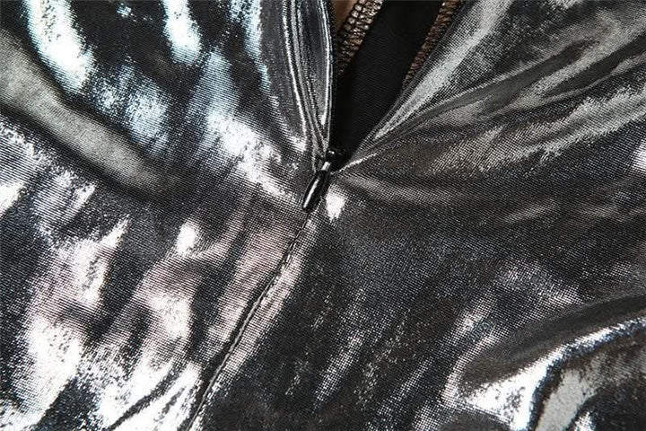 Metallic zip-up long sleeve gloves mesh patchwork high neck jumpsuit-final-sale