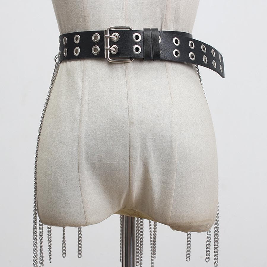 Metal chain tassel hollow out o ring PU leather belt  | Festival Outfits Women