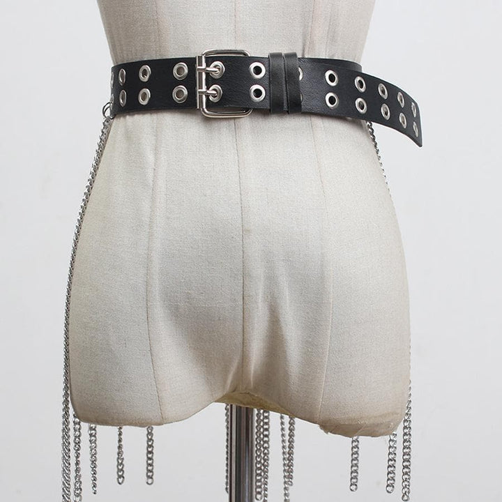 Metal chain tassel hollow out o ring PU leather belt  | Festival Outfits Women