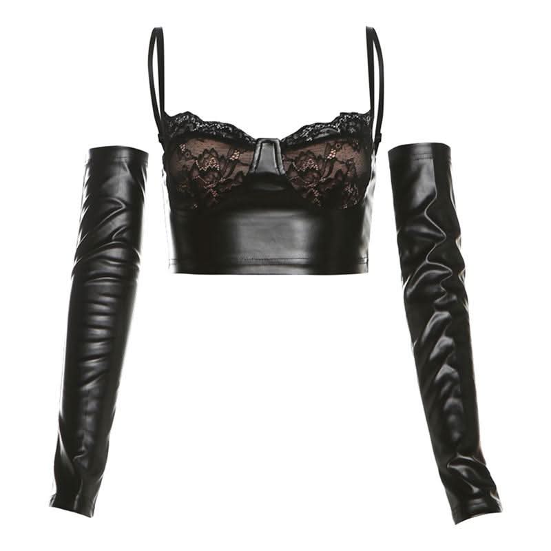 Lace hem gloves PU leather v neck cami mini skirt set-final-sale Cargo Mini Skirt
