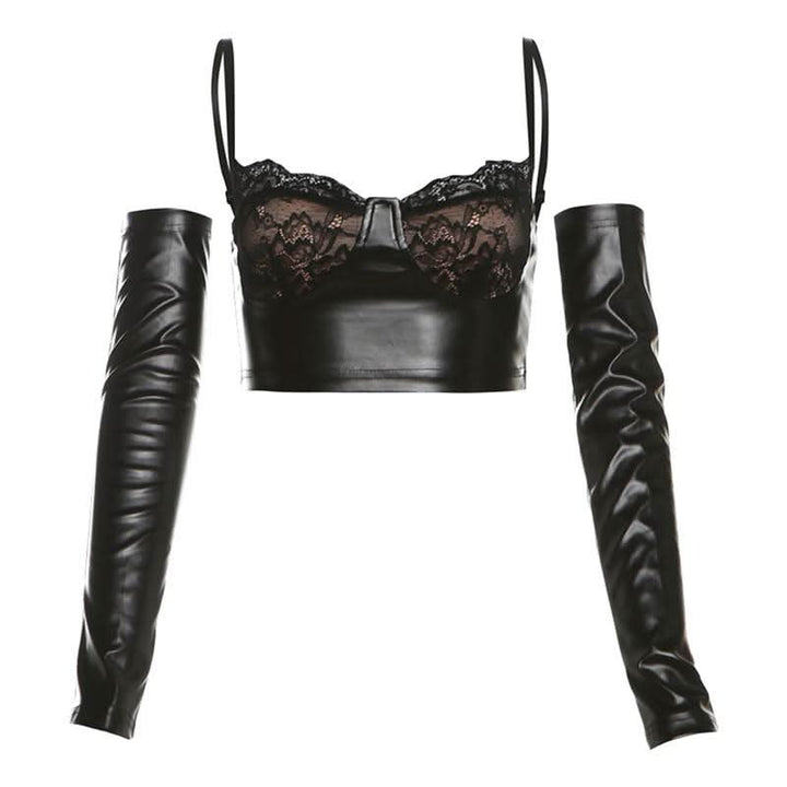 Lace hem gloves PU leather v neck cami mini skirt set-final-sale Cargo Mini Skirt