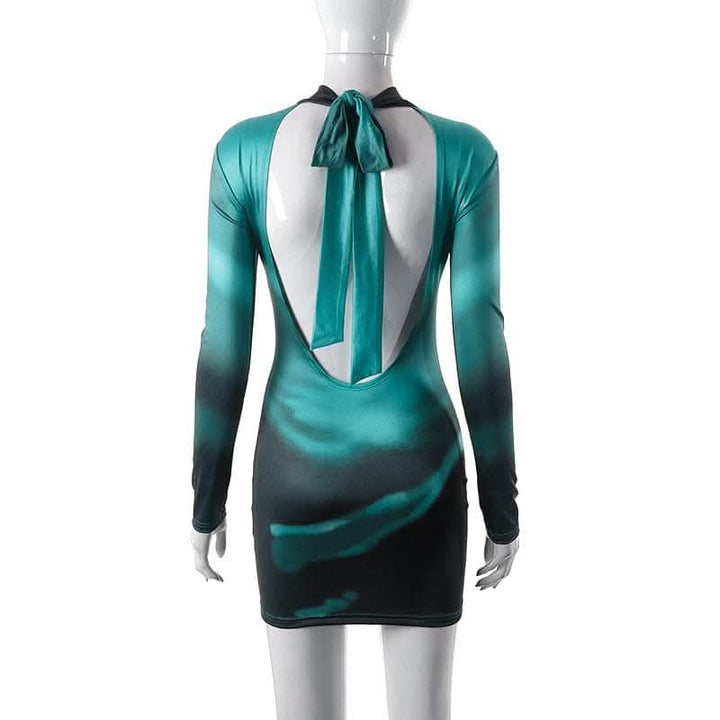 High neck long sleeve self tie backless gradient mini dress-final-sale  | Festival Outfits Women