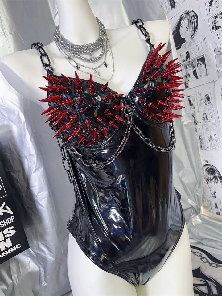 PU leather rivet metal chain bodysuit  | Festival Outfits Women