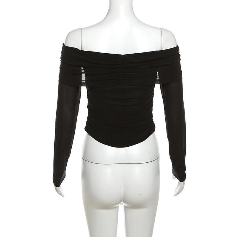 See through flower applique off shoulder ruched long sleeve top-final-sale  | Festival Outfits Women