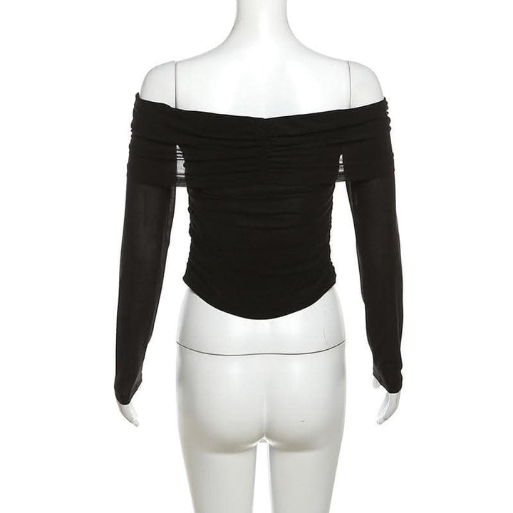 See through flower applique off shoulder ruched long sleeve top-final-sale  | Festival Outfits Women