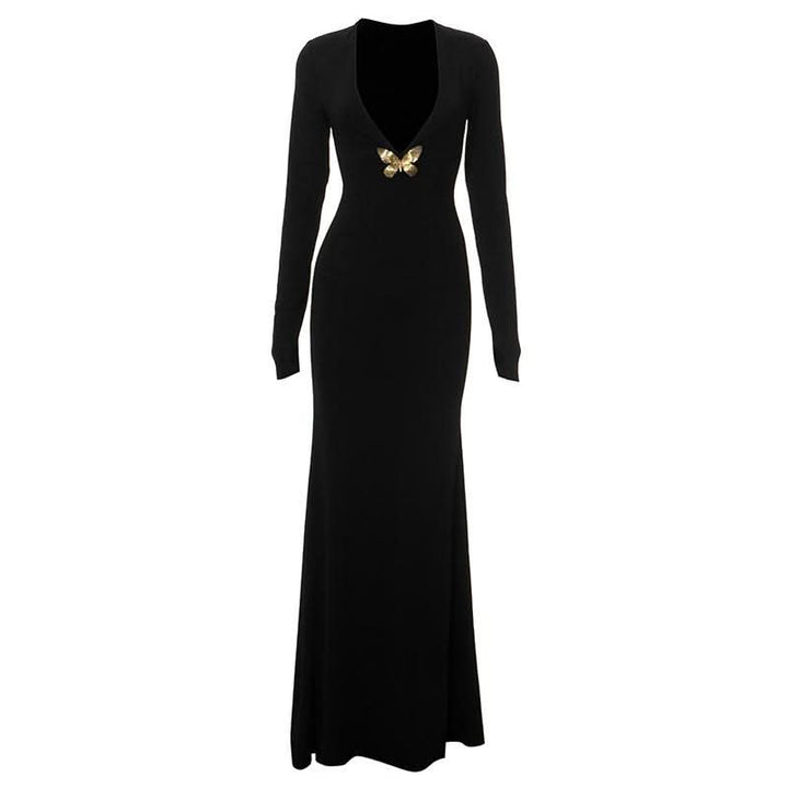 V neck long sleeve butterfly applique maxi dress-final-sale