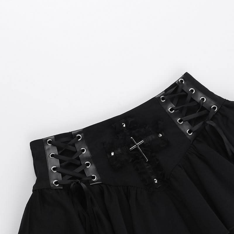 Cross applique lace up ruffle mini skirt  | Festival Outfits Women