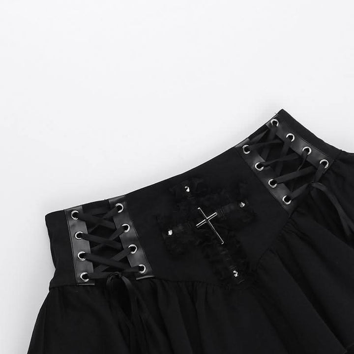 Cross applique lace up ruffle mini skirt  | Festival Outfits Women