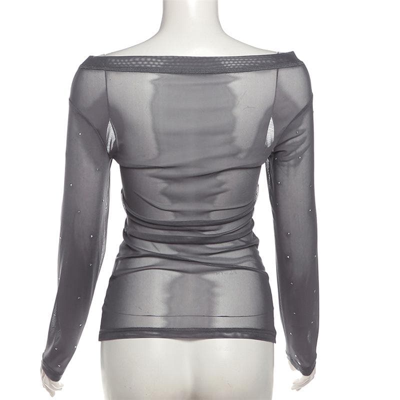 Off shoulder long sleeve beaded sheer mesh solid top  | Festival Outfits Women