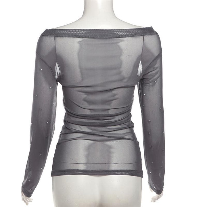 Off shoulder long sleeve beaded sheer mesh solid top  | Festival Outfits Women