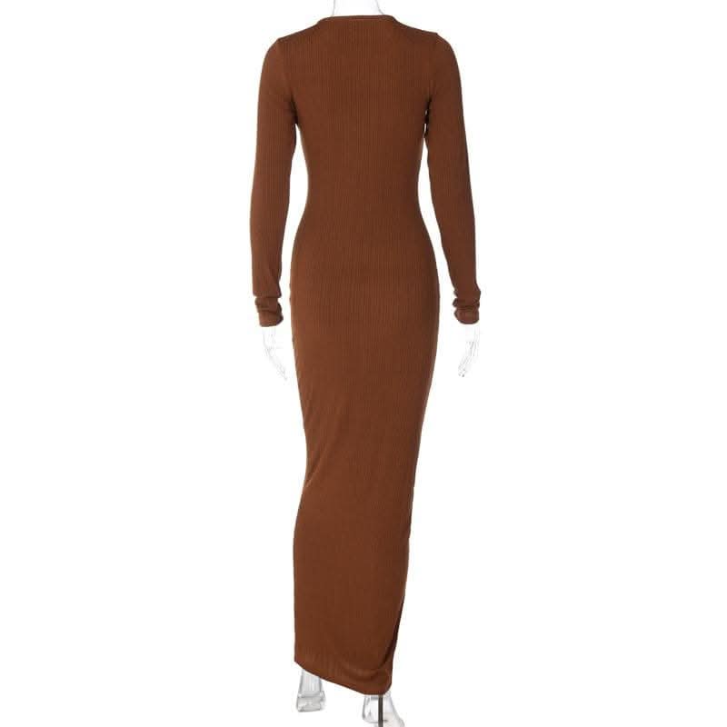 Long sleeve solid round neck maxi dress-final-sale  | Festival Outfits Women
