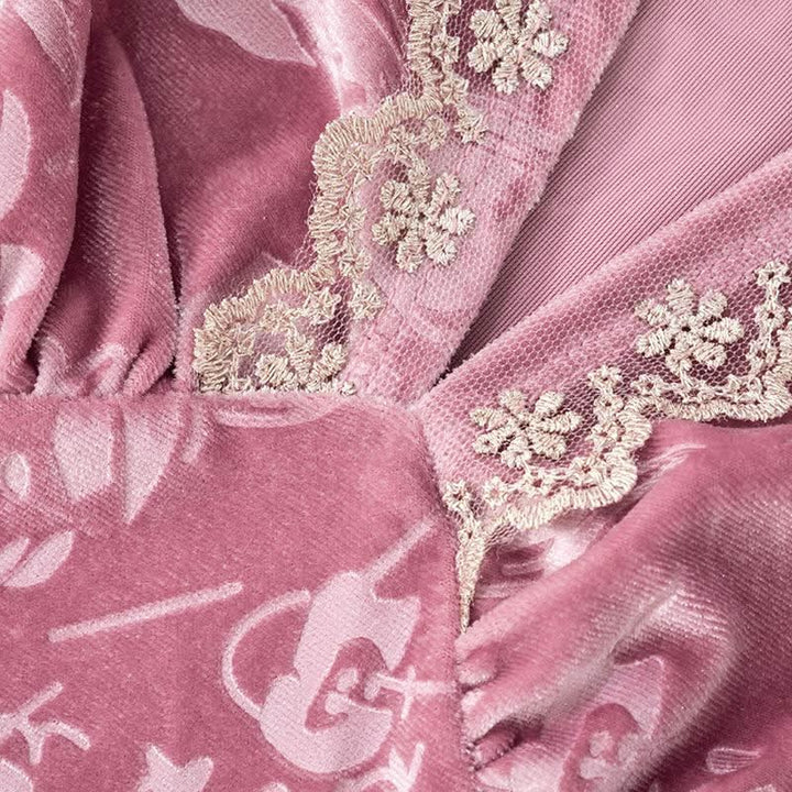 Lace hem v neck flower print velvet maxi dress  | Festival Outfits Women