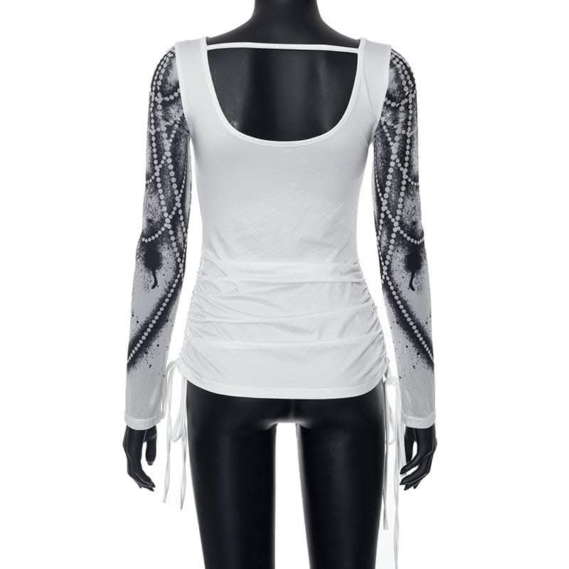 Drawstring long sleeve beaded print contrast backless top-final-sale  | Festival Outfits Women