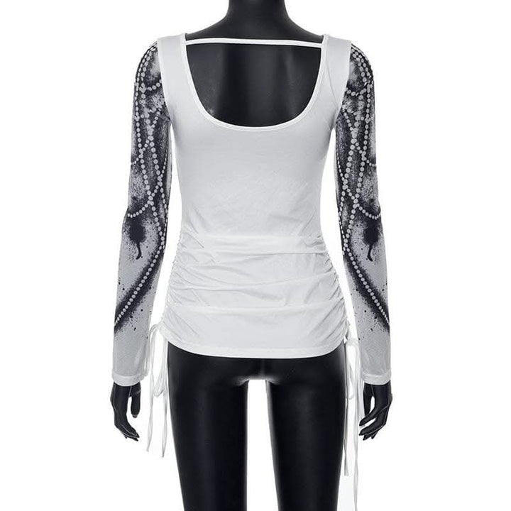 Drawstring long sleeve beaded print contrast backless top-final-sale  | Festival Outfits Women