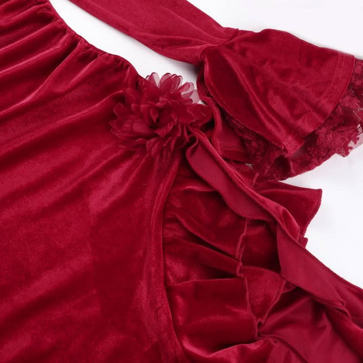 Long flared sleeve velvet ruffle slit midi dress  | Festival Outfits Women